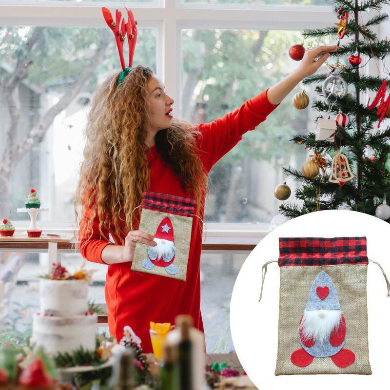 Christmas Drawstring Gift Bag Decor Cute Faceless Doll Cotton Linen Storage Bags New Year Party Candy Pouches