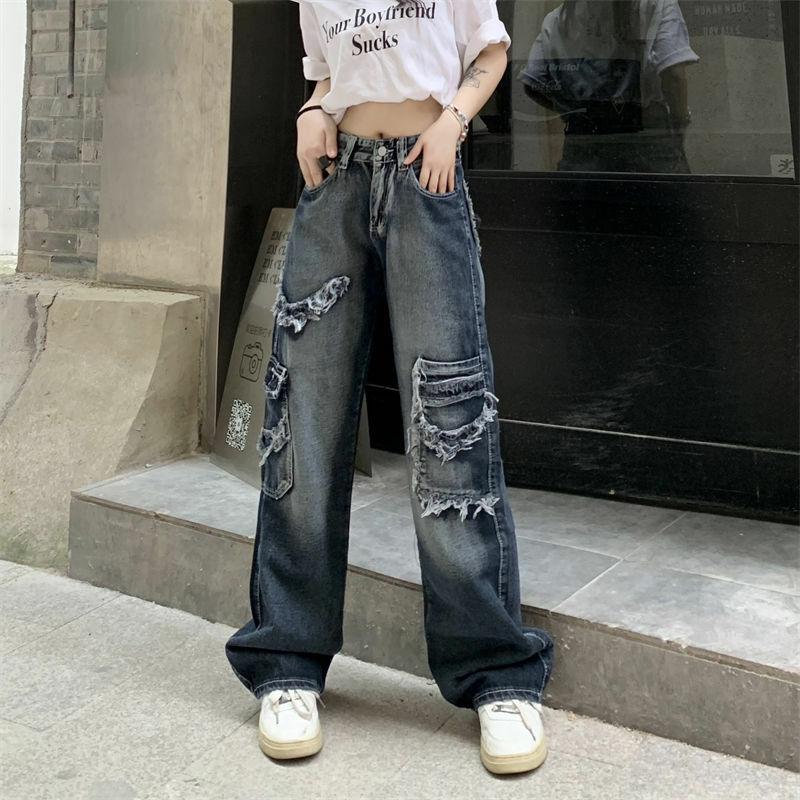 Kobiety w stylu Vintage Y2K Streetwear Baggy dżinsy Cargo wysokiej zwężone prosta szeroka spodnie nogi spodnie jeansowe wróżka Grunge Alt ubrania
