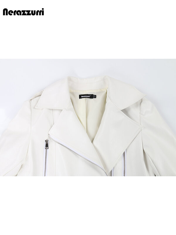 Nerazzurri-Chaqueta de cuero sintético para mujer, abrigo largo con cremallera y cinturón, color blanco, moda europea para primavera y otoño, 2023