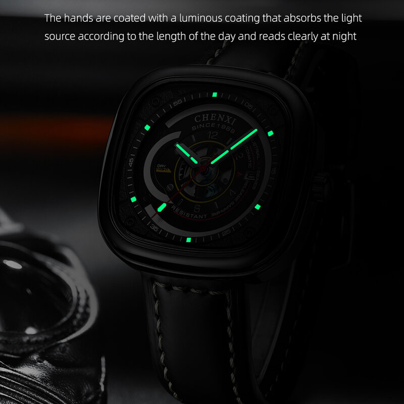 2023 Mode Chenxi Top Marke Herren Luxus wasserdichte Herren Leder automatische mechanische quadratische leuchtende Business Tourbillon Uhr