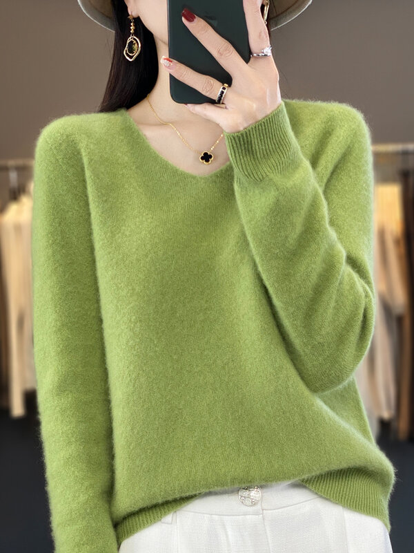 2024 Новый женский базовый пуловер с V-образным вырезом, свитер из 100% мериносовой шерсти с длинным рукавом, кашемировая трикотажная одежда, осенне-зимняя женская одежда, топы