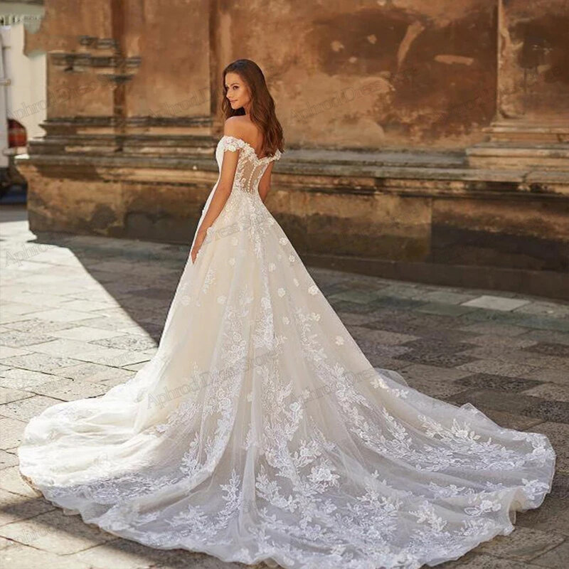 Gaun pernikahan klasik gaun pesta Princess gaun renda applique bahu jubah panjang lantai A-Line gaun pengantin wanita 2024