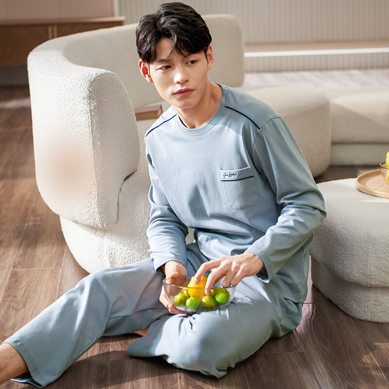Мужской простой пижамный комплект, осенне-зимняя свободная пижама с длинными рукавами, мужской домашний комплект, однотонная одежда для сна, топы и брюки