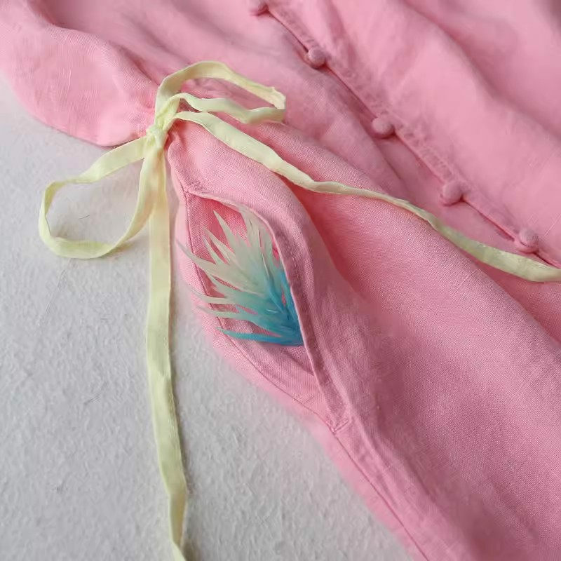 2024 primavera estate originale abito retrò lino scollo a v inclinato davanti vita sottile arte delle donne rosa manica lunga Cardigan vestito K994