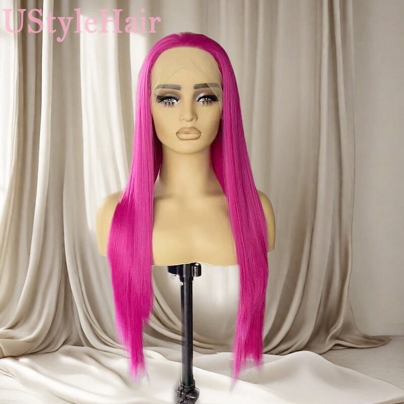 UStyleHair-peluca recta sedosa larga rosa para mujeres y niñas, cabello sintético resistente al calor, rayita Natural, uso diario, Cosplay