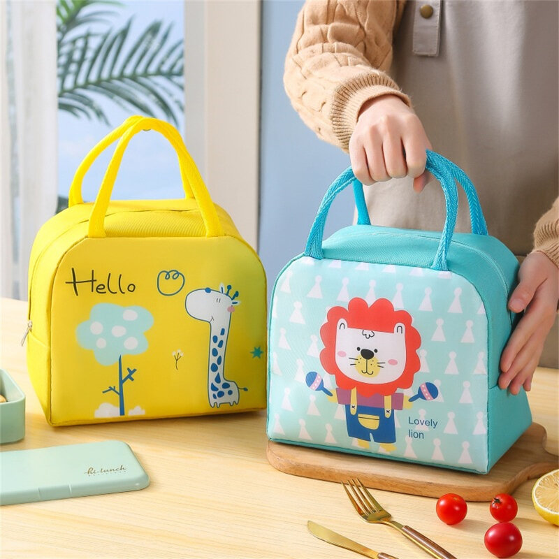 Tas tangan portabel makan siang termal kartun, tas pendingin piknik, tas makanan segar dan dingin, kotak Tote Bento Sarapan anak-anak