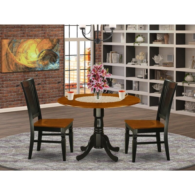 East West Furniture DLWE3-BCH-W Dublin 3 Piece Kitchen Set Contains a Round Table with Dropleaf and 2 Dining Room Chairs, 42x42