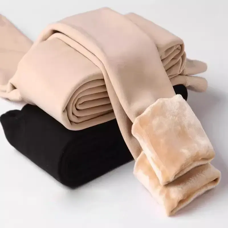 กางเกงเลกกิ้งผ้าหนาสำหรับผู้หญิงผ้ากำมะหยี่สีพื้นอุ่นเอวสูงสีดำยืดได้สำหรับฤดูหนาว