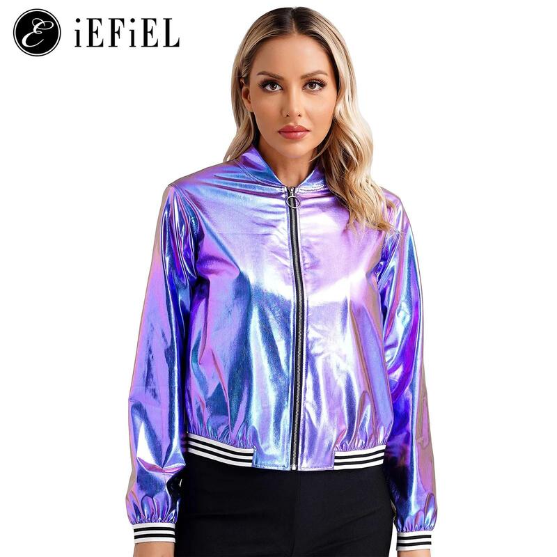 Womens Shiny Metallic Holographic Long Sleeve Zip Up Bomber Jacket Baseball Collar Coat Outerwear Concert Rave Party Clubwear
