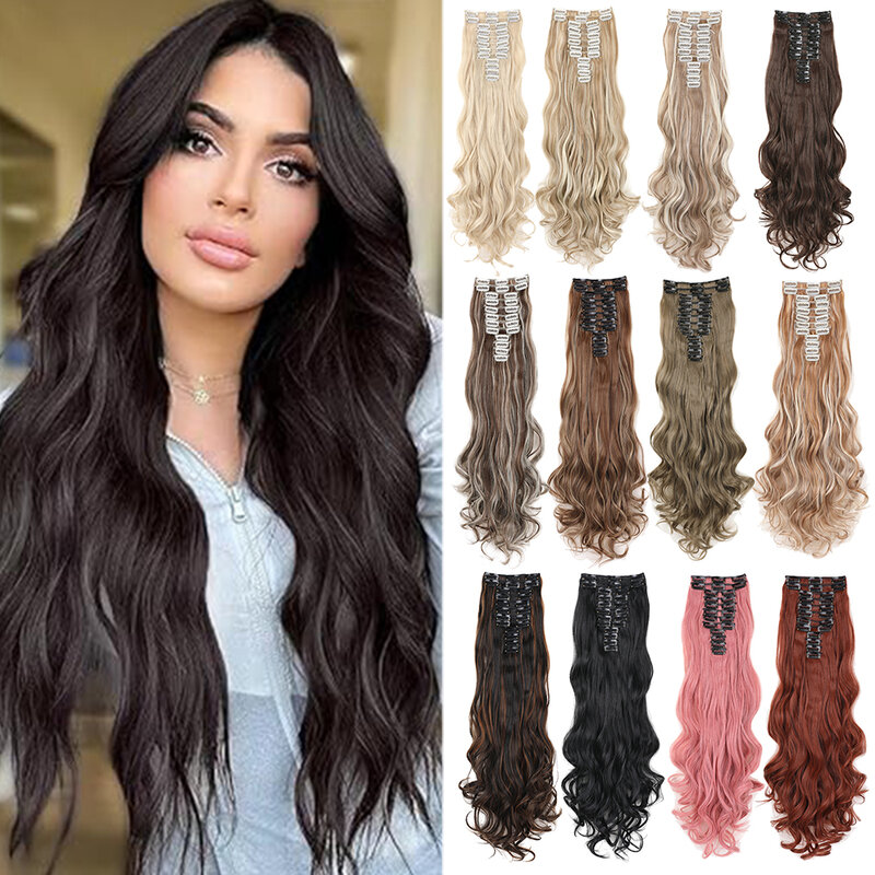 24Inchs Hair Extensions  12pcs/set  Body Wave Hairstyle  Synthetic Full Head Clip 22 Clips  Hair Extensions For Women Girls
