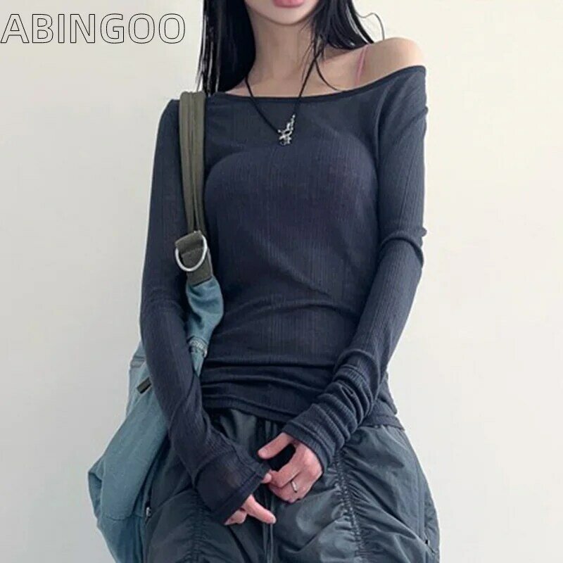 ABINGOO-Pulôver feminino de manga comprida com gola redonda, camiseta de malha, monocromática, costas abertas, slim fit, blusa casual, básico, outono, inverno