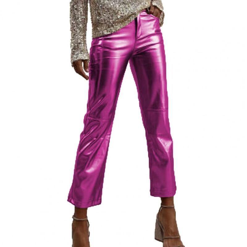 Женские облегающие брюки, блестящие мягкие дышащие брюки из искусственной кожи со средней талией и застежкой-молнией на пуговицах