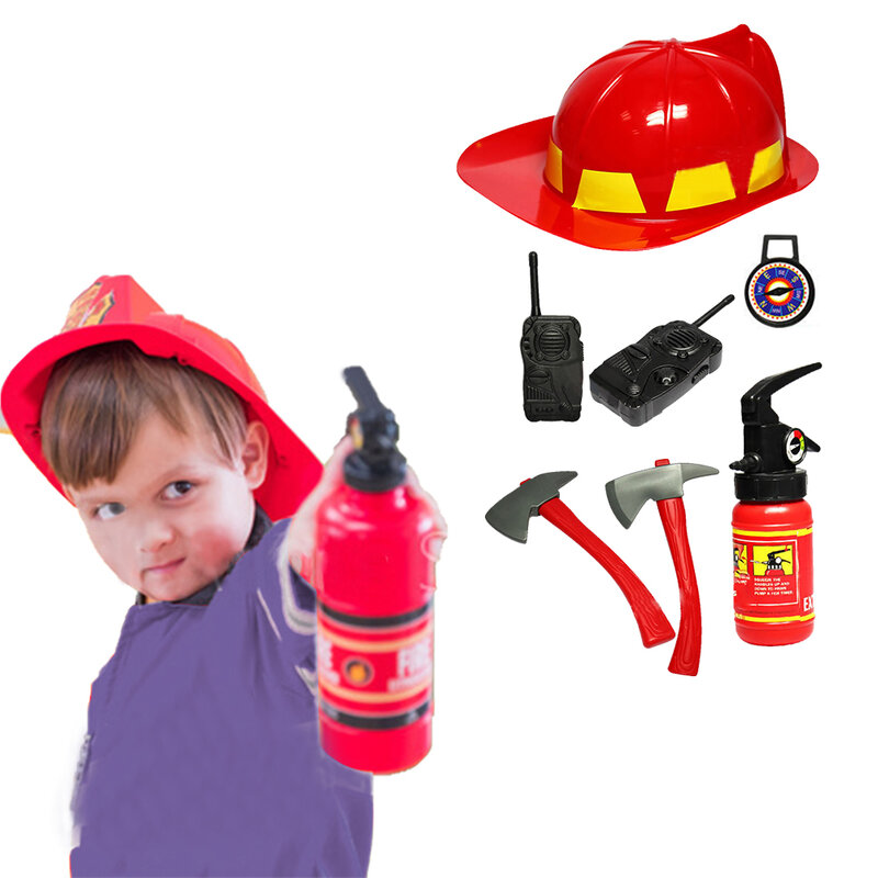 5 pçs/set crianças bombeiro cosplay kit de brinquedos extintor incêndio intercomunicador machado chave jogar casa role play bombeiros