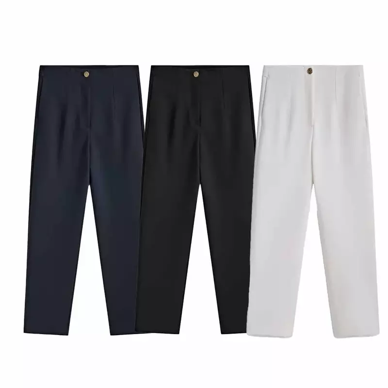 Pantalones rectos con bolsillos laterales para mujer, ropa de oficina a la moda, Retro, de cintura alta, con cremallera, tricolor, novedad de 2023
