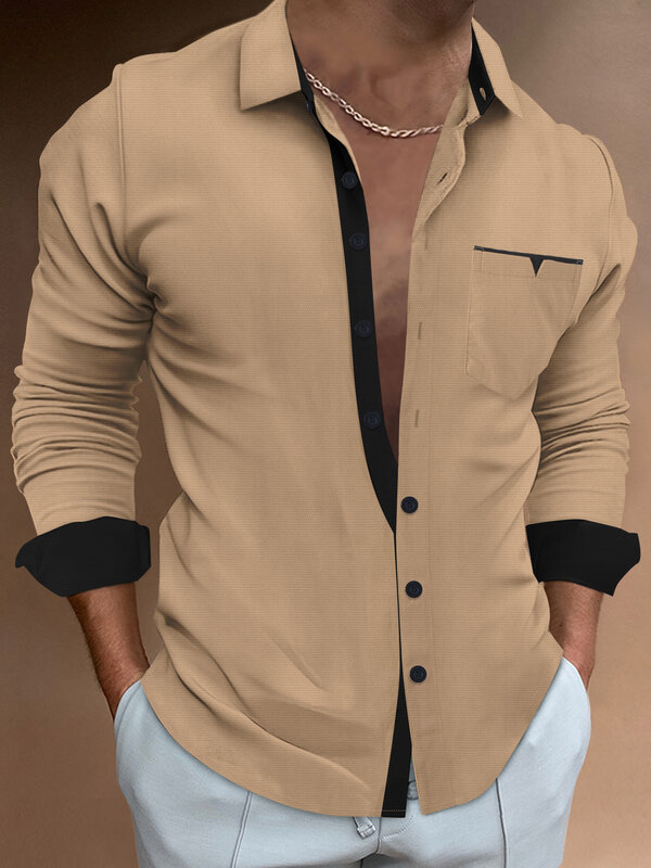 Camisa informal de un solo pecho para hombre, camisa de color sólido con bolsillo de solapa, nueva moda, primavera y otoño