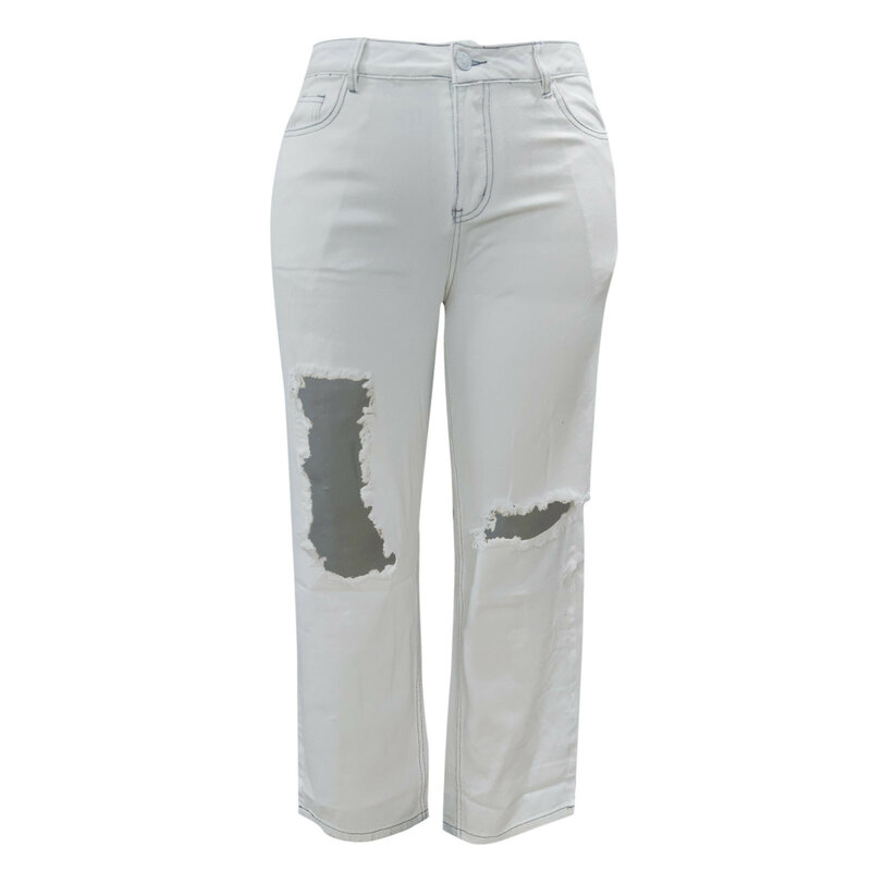 Jeans jeans soltos de cintura alta feminino, calças compridas, bolso, buraco elástico, calças, streetwear