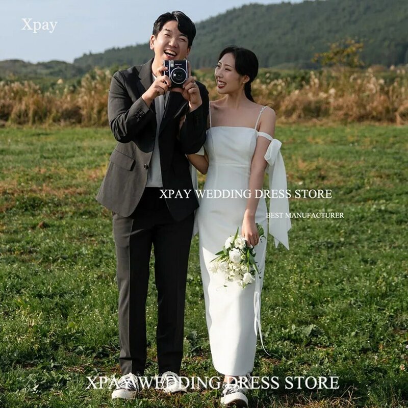 XPAY-vestidos de novia de sirena coreana con cuello de barco, vestido de novia con tirantes finos de crepé, sesión de fotos sin espalda, vestido de novia hecho a medida