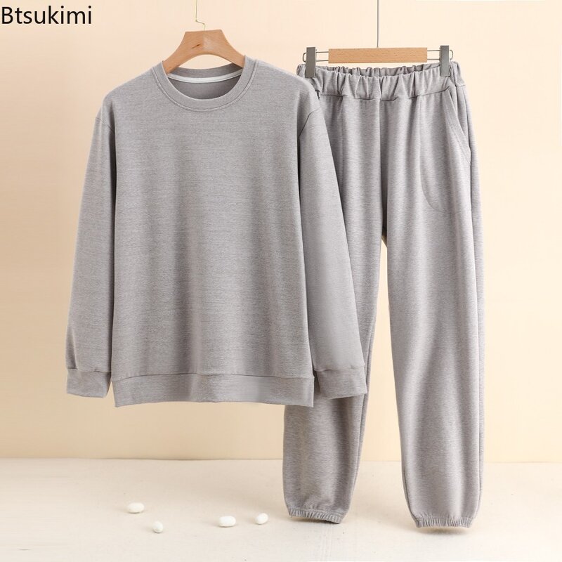 2024Autumn Winter Warm Homewear Sets Men's Pajamas Long Sleeve O-neck Pullover and Pants Loose Comfort Thicker Sleepwear for Men