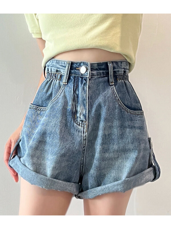 2023 musim panas wanita celana pendek Denim celana pendek biru lebar pinggang tinggi Harajuku Streetwear gaya Korea Y2k kasual Y2k A Line celana pendek jeans