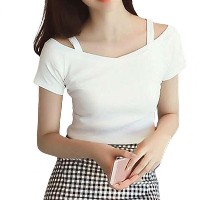Футболка женская с коротким рукавом, пикантная Модная рубашка с открытыми плечами в Корейском стиле, облегающая с V-образным вырезом, летняя одежда