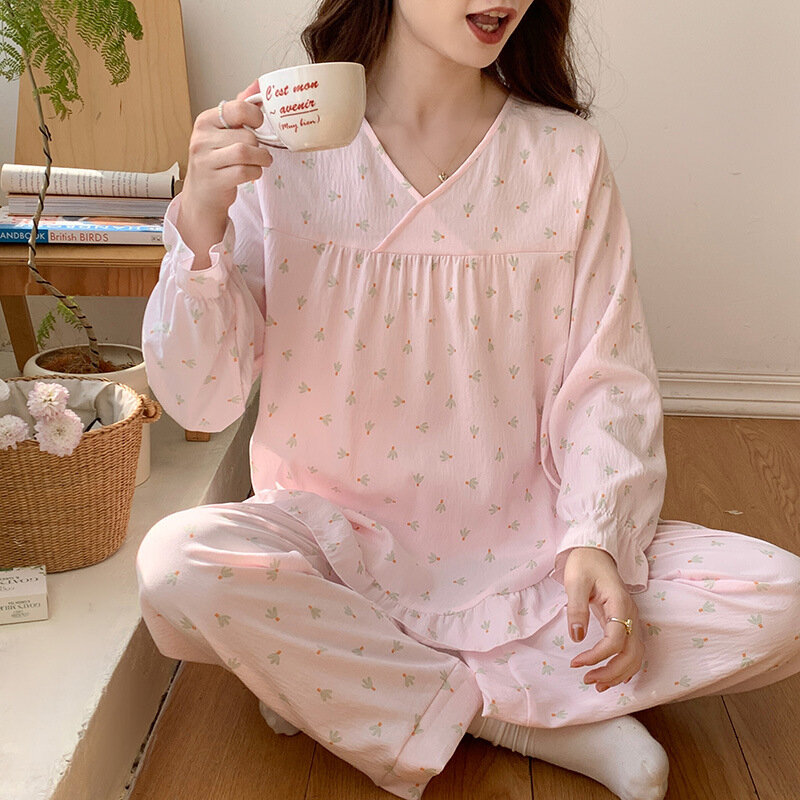 Pyjama en Coton Fin pour Femme, Vêtement de Maison, Col en V, Imprimé Simple, Manches sulf, Surintendant, Ensemble Deux Pièces, Printemps