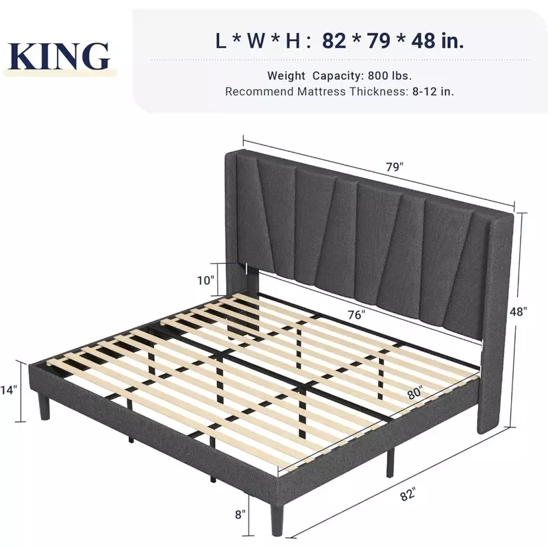 Platform Bedframe Met Geometrisch Vleugelverdekkinghoofdeinde, Geen Boxspring Nodig, Modern Gestoffeerd Bed Met Planksteun