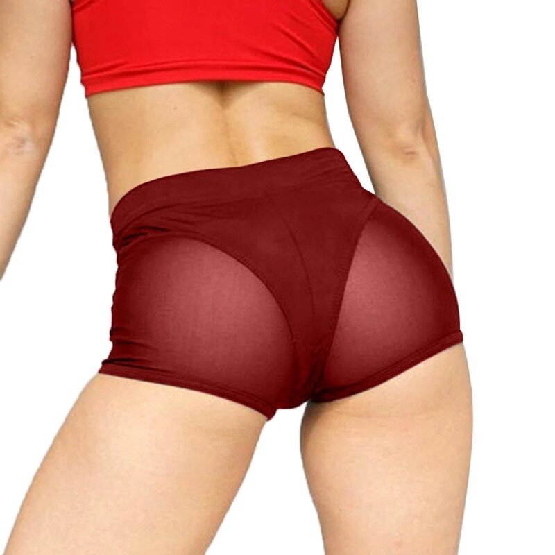 Celana pendek wanita pinggang tinggi warna polos ikat pinggang elastis celana olahraga melar perca jala tembus pandang untuk latihan Yoga Gym dansa