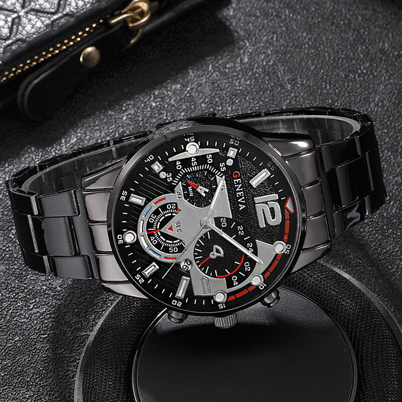 Conjunto de relojes de cuarzo para hombre, pulsera informal de acero inoxidable, con calendario, color negro, a la moda, 3 unidades