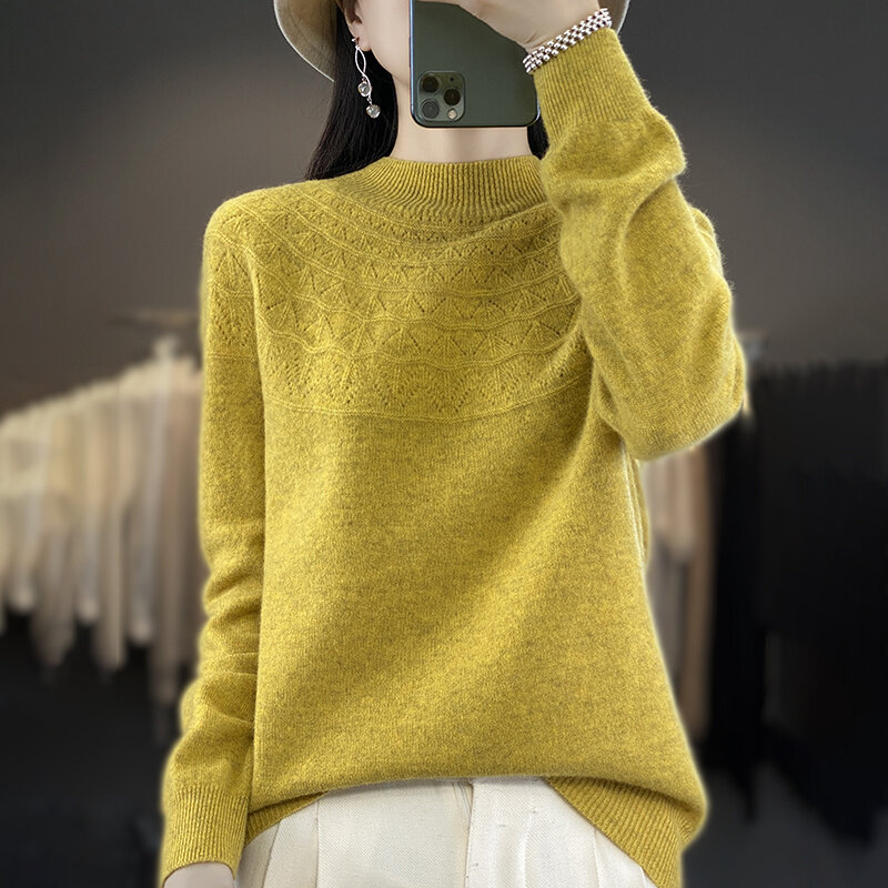 Half High Necked Hollow Wool Sweater For Women's AutumnWinter Long Sleeved Fashionable Solid Color Loose Fitting Knit Jumper Top