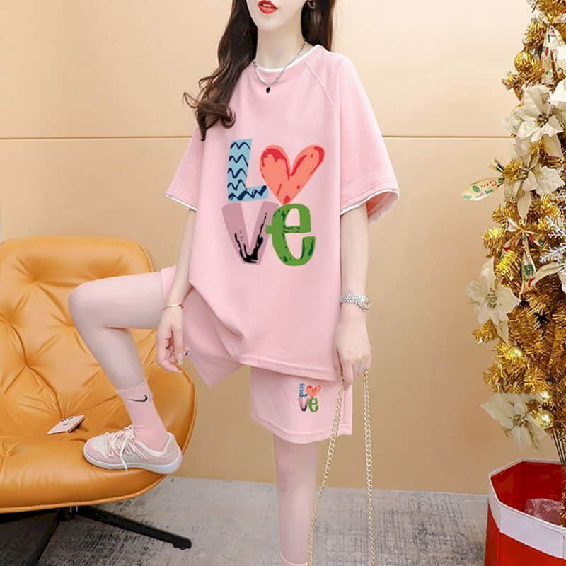 스포티 반팔 티셔츠 2 종 세트, 루즈한 한국 스타일 캐주얼 바지 세트, 여름 운동복 정장, 여성 의상