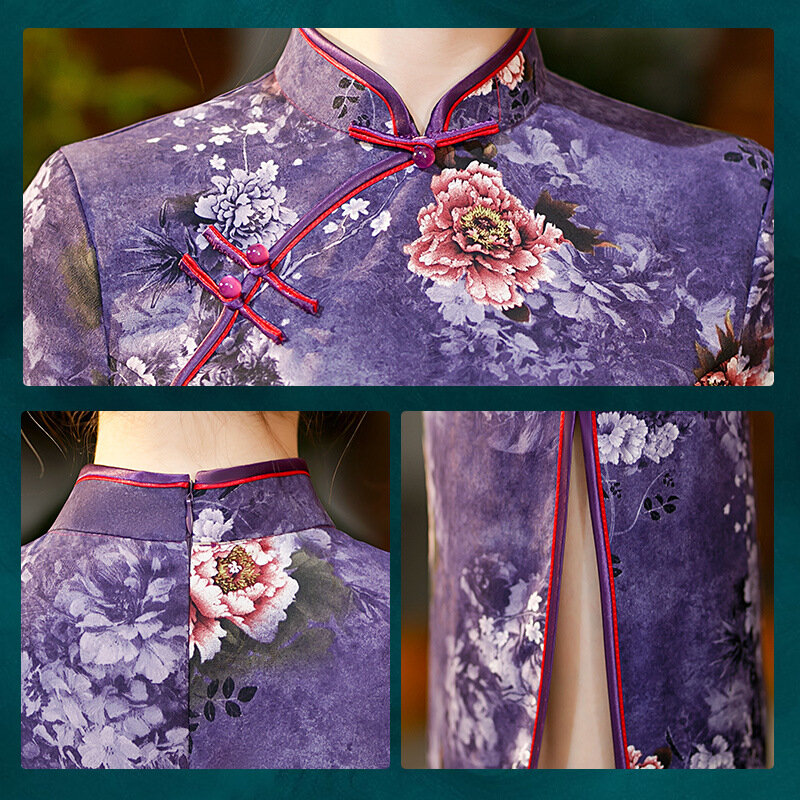 Женское атласное платье-Ципао, винтажное платье в китайском стиле с цветочным принтом, воротником-стойкой, пуговицами и коротким рукавом, размеры до 5Xl
