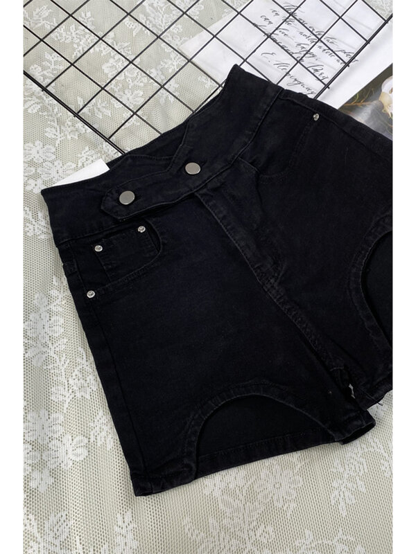 Short en jean gothique noir pour femme, short taille haute, short large, vintage, Harajuku, coréen, décontracté, jean court, été, Y2k