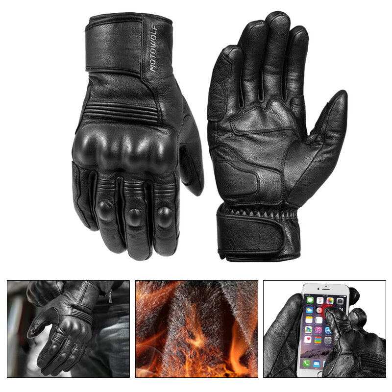 Gants de moto en cuir véritable, imperméables, coupe-vent, gants d'équitation chauds, gants à commande tactile, doigt complet, protection du poing et de la l'hypothèse, hiver