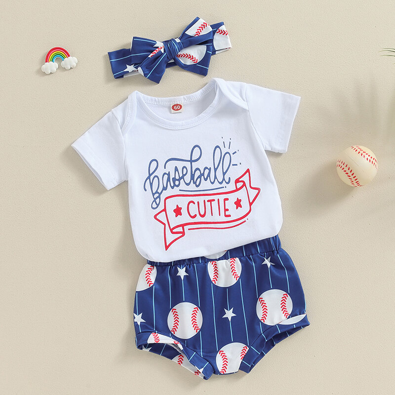 Baby Girl Baseball Outfit Letter Print Short Sleeve Romper Star Print Shorts Headband Toddler Summer Set