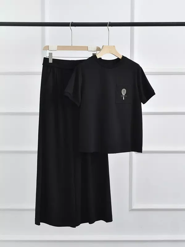 자수 포켓 라운드넥 반팔 티셔츠 및 신축성 하이웨이스트 캐주얼 바지, 단색 여성 세트, 2024 신상