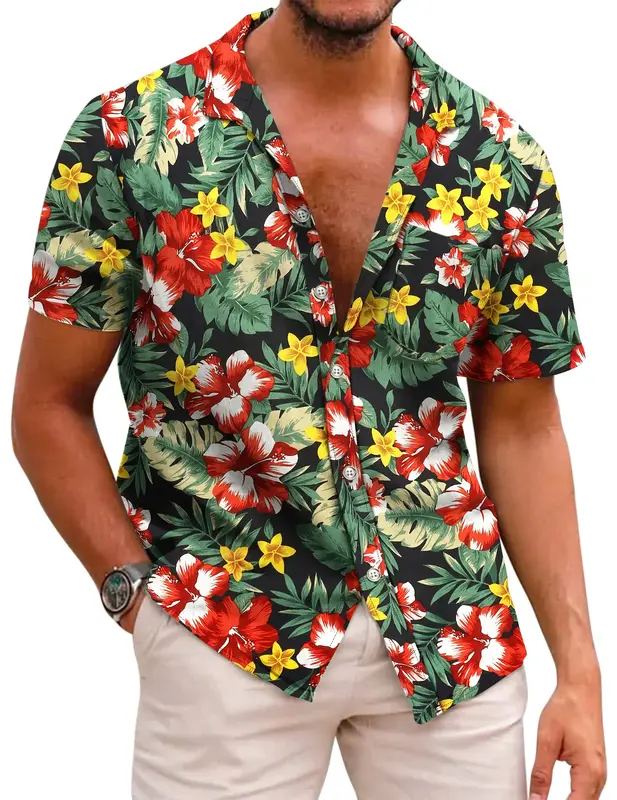 Hawaii blus motif bunga pria, baju pantai bermotif 3d lengan pendek untuk pria