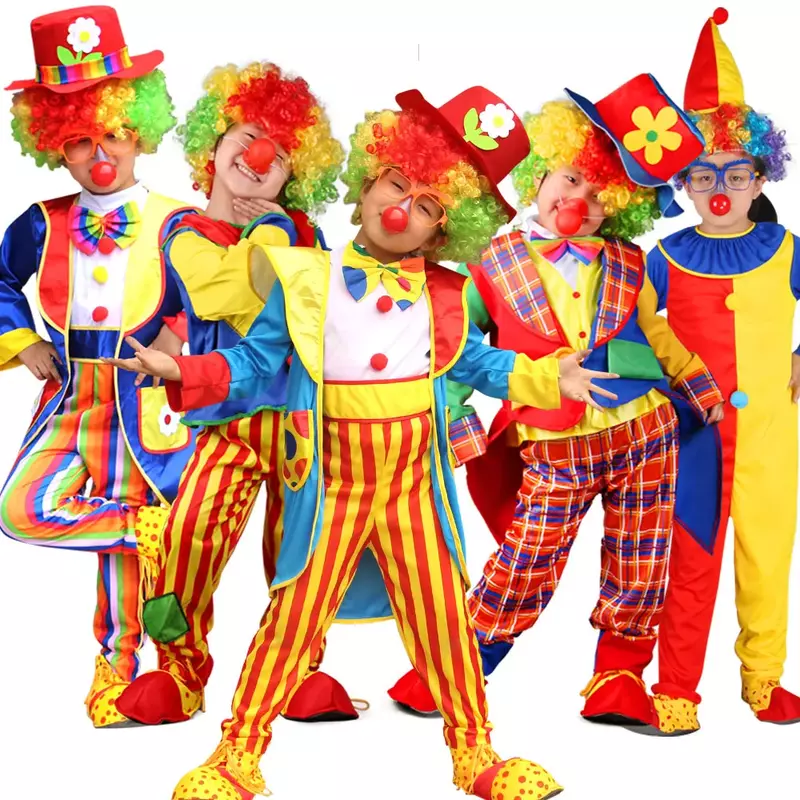 Детский костюм циркового клоуна на Хэллоуин, комбинезоны с прикрепленным париком, туфли с красным носом, карнавальный костюм для косплея, детское платье