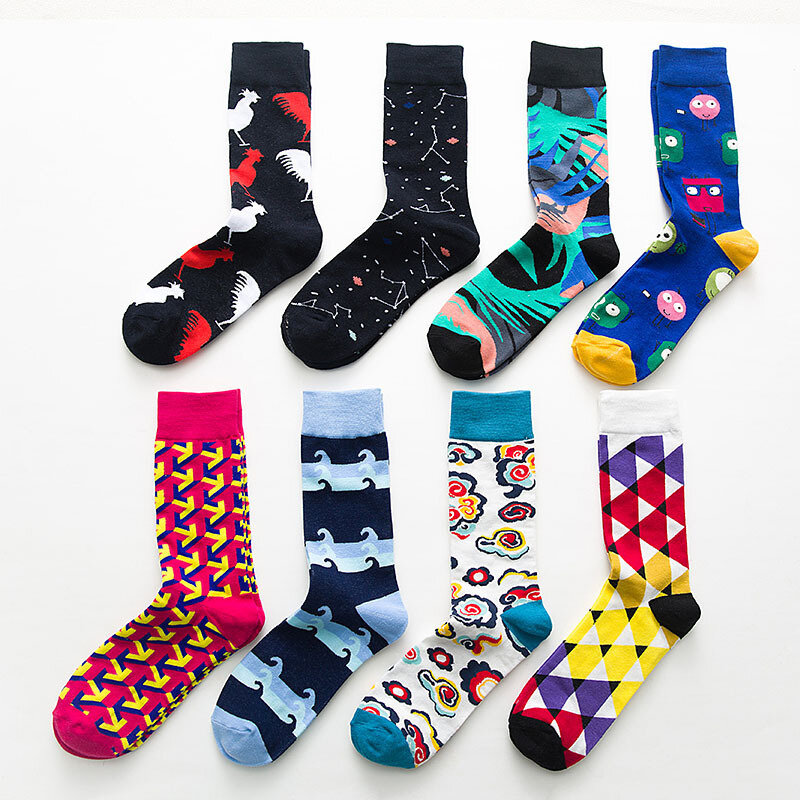 Best selling British style geometric contrast color trend men's socks street cotton mid-tube socks plus size men's socks
