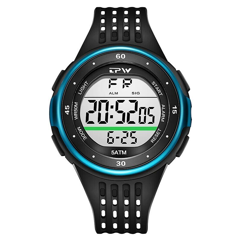 Relógio desportivo digital com data e semana, resistência à água, 5ATM