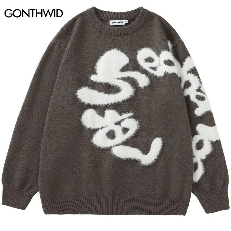 Suéter de carta Harajuku fofo masculino, macacão de malha hip-hop, moda streetwear, pulôver casual solto, malha, 2023
