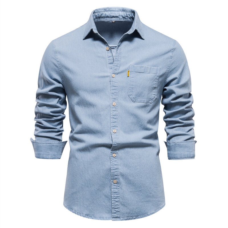 Jesienna nowa bawełniana męska koszula dżinsowa w jednolitym kolorze z pojedynczą kieszenią Casualowa koszula z długim rękawem Slim Fit Designerska koszula dla mężczyzn
