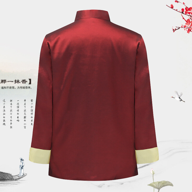 Tradycyjny chiński styl mężczyźni Kung Fu t-shirty topy haft smok Hanfu bluzka strój Tang kurtki Cheongsam nowy rok płaszcze
