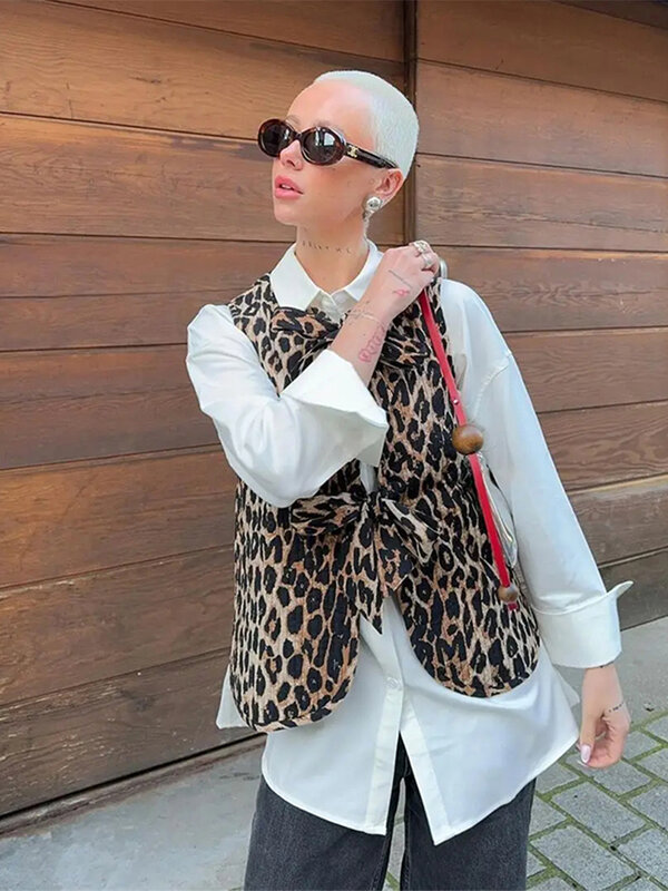 Colete leopardo vintage para mulheres, jaqueta sem mangas, com cordões, regata, com laço, moda, para a primavera e verão, 2024