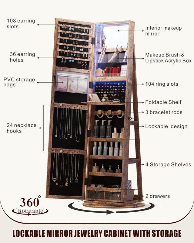 Mirror Jewelry Cabinet with Storage: Jewelry Armoire with Full Length Mirror 360° Swivel & LED lights Standing Jewelry Holder Or