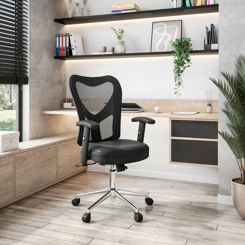 Black Techni Mobili High Back Mesh Office Chair with Chrome Base for Comfortable and Stylish Work Environment. Stylishly Modern 