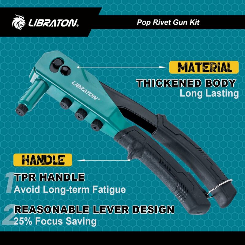 Kit de pistola de remaches Libraton, herramienta de remachado Manual de alta resistencia con 120 remaches ciegos, 4 Brocas HSS, 4 cabezales intercambiables sin herramientas