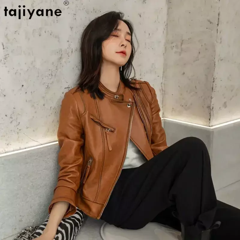 Tajiyane Veste en cuir véritable pour femme, Slim High Street Vestes en cuir, Manteau court en peau de mouton véritable, Streetwear coréen, SGG, 2023