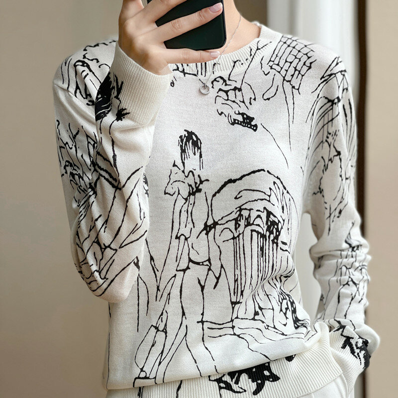 Camiseta de punto de lana de imitación fina para mujer, Top de manga corta, Jersey Jacquard Digital de Graffiti, suéter para mujer, moda de verano