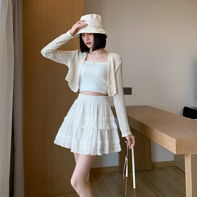 Women's Spring and Summer New Academy Style White Lace Cake Age Reducing High Waist Elegant Half Skirt