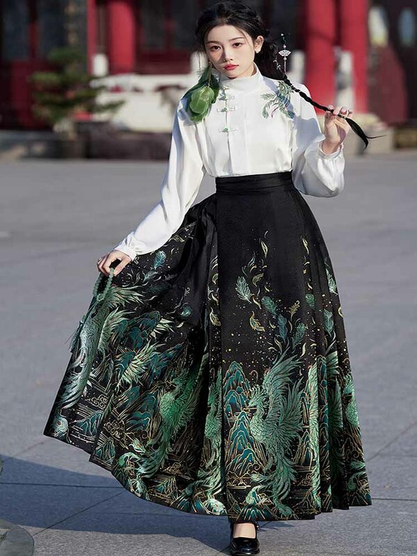 Saia hanfu estilo chinês para mulheres, tecelagem bordada, dourada, preta verde, cara de cavalo, pregas novas, dinastia Ming, primavera